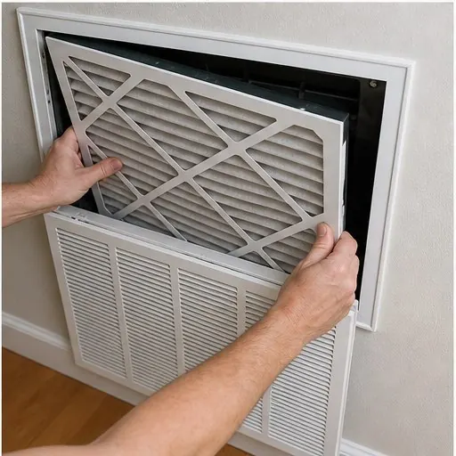 Home air filter being replaced in an HVAC return vent
