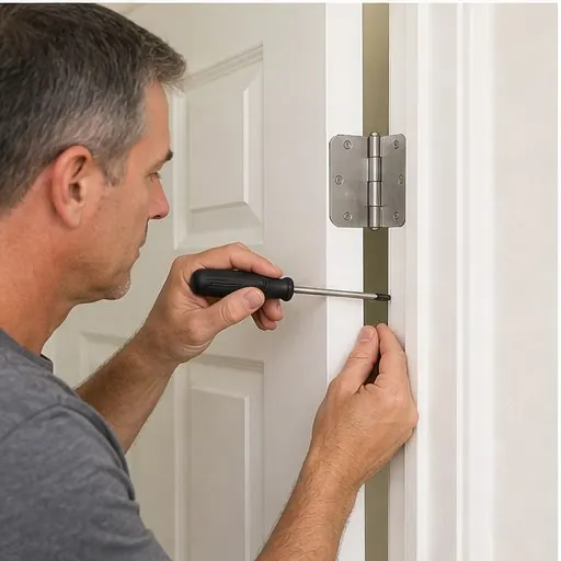 Person adjusting a home door hinge with a screwdriver