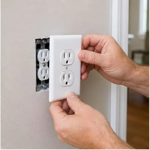 Hands replacing a wall outlet cover in a home
