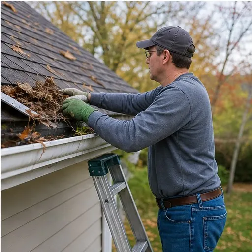 Homeowner cleaning leaves from a roof gutter