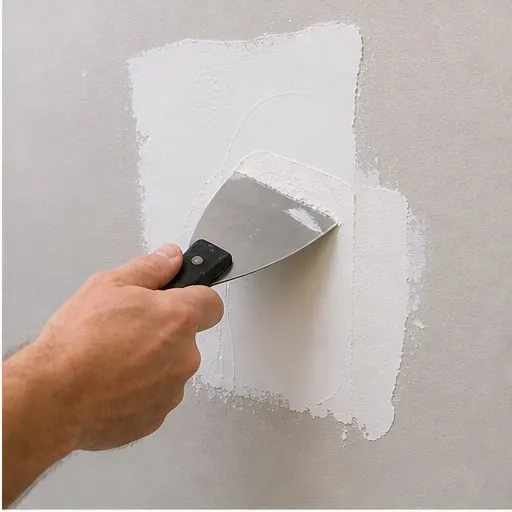 Drywall patch being smoothed with joint compound